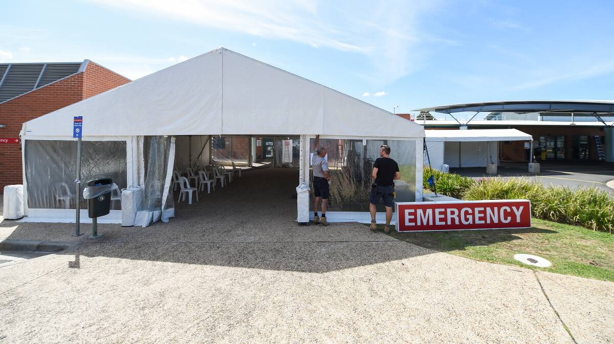 The tent at Albury hospital was being erected on Friday.