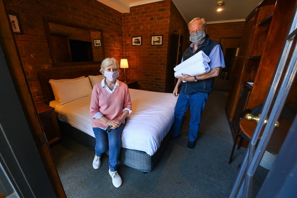 BACK ONLINE: Armour Motor Inn owners Fiona Clegg and Warren Dimond are happy they can take bookings from regional Victorians, with people keen to get out of the house putting in calls on Tuesday. Picture: MARK JESSER