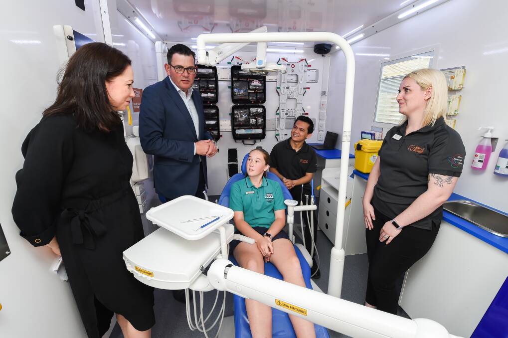 ADDITION: Smile Squad dental vans now operate in North East public schools, and Premier Daniel Andrews visited Wodonga in November to see how it was working out at Melrose Primary. Picture: MARK JESSER
