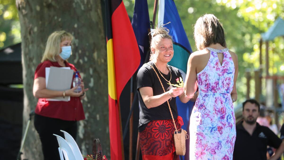 WELCOME: Wiradjuri woman Ruth Davys conducted a welcome to country at Albury's event at Noreuil Park and acknowledged concerns about the date of Australia Day.
