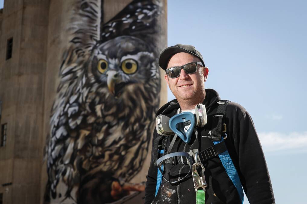NEW: Jimmy Beattie, 'Dvate', created a Barking Owl on the silos at Goorambat for this year's attraction outside of Benalla. Picture: JAMES WILTSHIRE