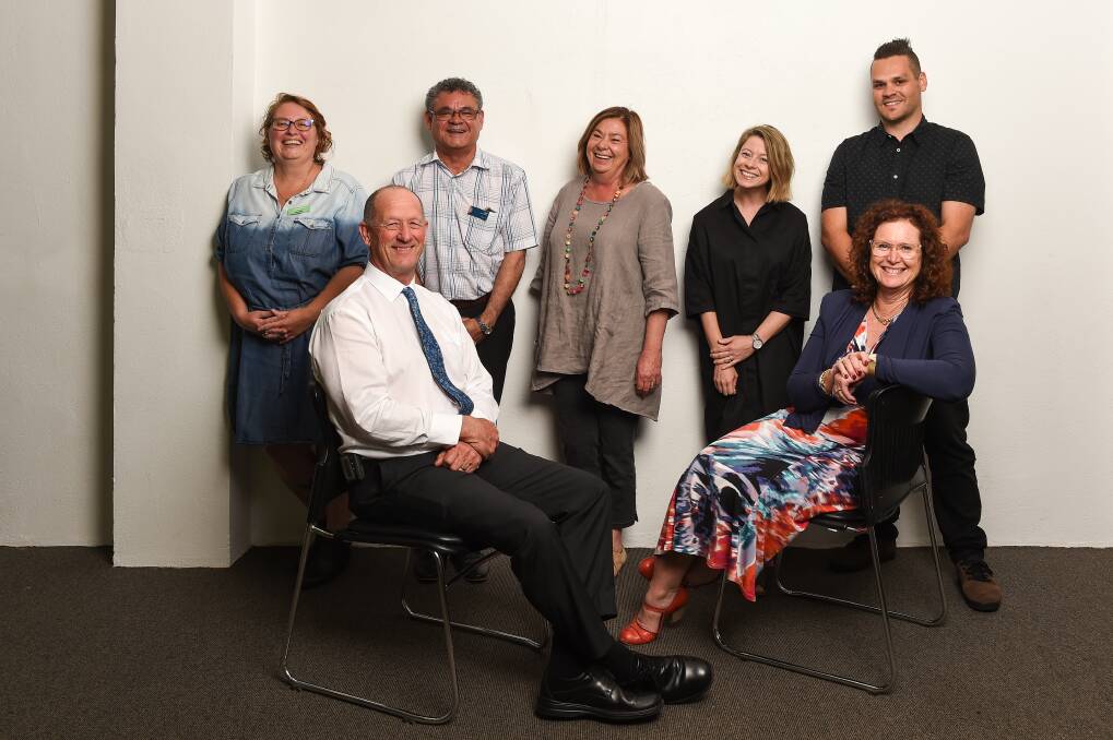 UNITED: The principals of Albury and James Fallon high schools, Darryl Ward and Jenny Parrett, are involved with Karina Kerr of headspace, Albury Council's Mark Dodd, and Di Glover, Bec Glen and Jon Park of Yes Unlimited in The Albury Project Picture: MARK JESSER