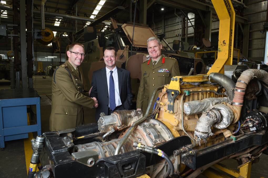PARTNERSHIP: Commanding Officer of Army School of Electrical and Mechanical Engineering LTCOL John Bouloukos, CEO of Wodonga Tafe Mark Dixon and Brigadier Ben James. Picture: MARK JESSER
﻿