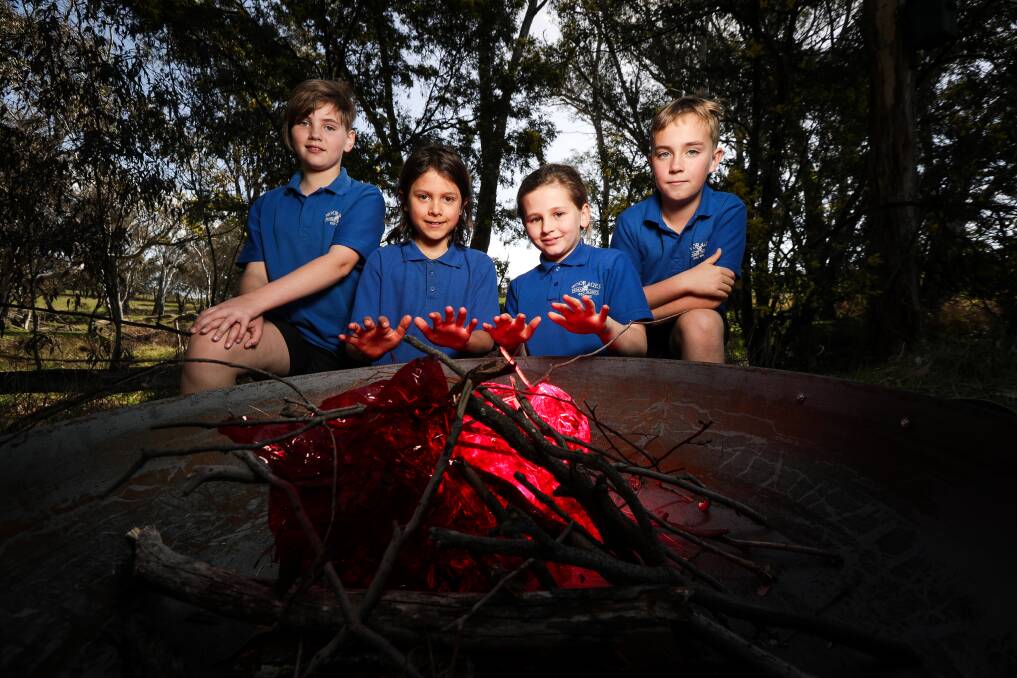 TALES: Wooragee Primary's Nadia Lang, 10, Sacha Davey, 9, Georgia Lennon-Baines, 11 and Kalum Porteous, 10. Picture: JAMES WILTSHIRE