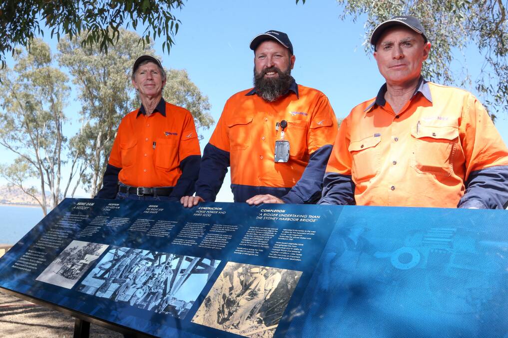 STORIES: WaterNSW Staff from the Hume Dam site Wayne Murray, Tim Tanner and John Parker were at the unveiling of new signage at Lake Hume. Picture: TARA TREWHELLA