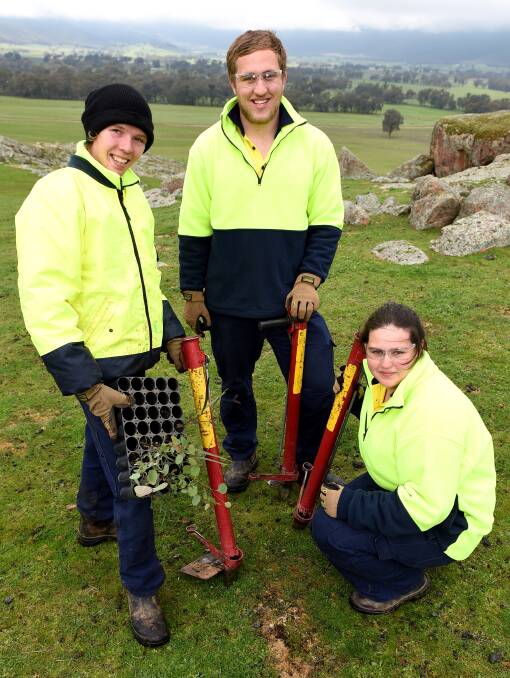 ON GROUND: Caleb Hodges, Jake Rose and Sarah Prior of the Holbrook Landcare bushlinks biodiversity project, part of the Green Army initiative. Picture: MARK JESSER