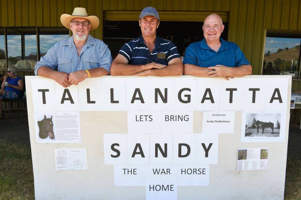 RESURFACED: Ross Smith, Craig Gouge and Tony Elvidge are part of the Sandy the War Horse Action Group, which formed officially in January with a goal to create a statue of the horse in Tallangatta. Picture: MARK JESSER