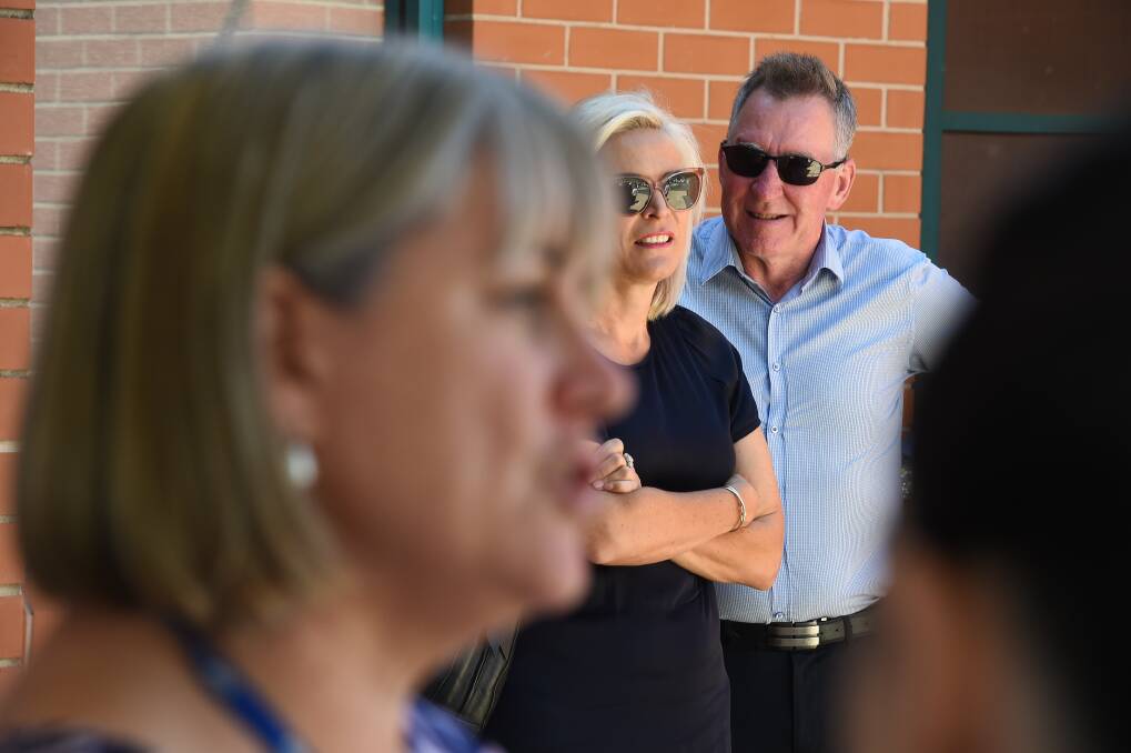 The Border's mayors, Anna Speedie and Kevin Mack, at a press conference at Albury hospital in March. Cr Speedie says it's time for a "gentling" of restrictions in Victoria to ease some of the pressure on people. Picture: MARK JESSER