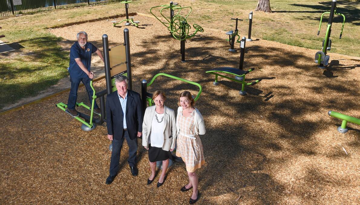 COMMUNITY: Rotary Club of Beechworth president Jim Fiford and treasurer Harry Thomas in the Rotary Park's new outdoor gym, with Indigo mayor Jenny O'Connor and ageing well officer Kate O'Toole. Picture: MARK JESSER