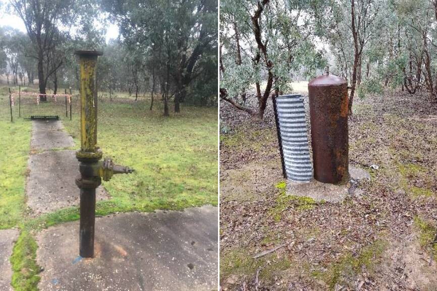 HISTORIC PRACTISE: At a former fire training area on South Bandiana, a pressure vessel (right) was filled with fuel like petrol, was pressurised, and was ignited through the header (left). Picture: GOLDER/BANDIANA SITE INVESTIGATION REPORT