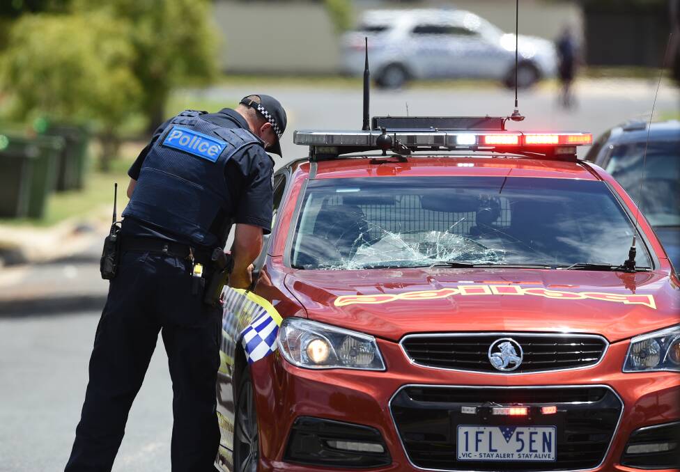DAMAGES: A highway patrol car was damaged during the hunt for Clarke, who was arrested in Melbourne weeks after the incident. He pleaded guilty to drug offences at Wodonga Magistrates Court on Wednesday.