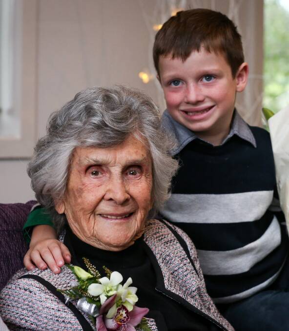 CELEBRATION: Mary Butler celebrated her 100th birthday on Sunday with five generations of family including great-grandson Will Butler, 6. Picture: JAMES WILTSHIRE