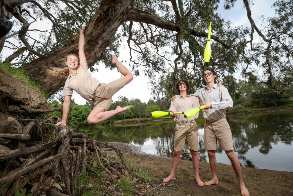 ON LOOK-OUT: Holly-Rose Boyer, 17, Tal Shemesh, 14 and Yoav Shemesh, 16, will perform in the Borderville Circus Festival. They will be research officers in the "wild children sanctuary" at Wonga Wetlands. Tickets are now on sale. Picture: JAMES WILTSHIRE