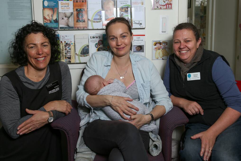 NETWORK: Lactation consultant Therese Harrison, Victoria Griffiths with son Leo, 6 weeks, and Australian Breastfeeding Association's Sharon Green at the Children's Centre in Stanley Street. Picture: TARA TREWHELLA