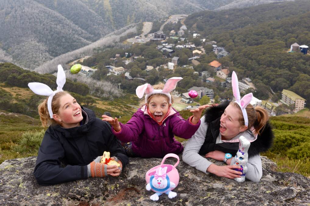 EGGCITING: Ayla Armitage, 13, sister Evie, 7, and Zoe Hocking, 13, from Mount Beauty enjoyed their Easter at Falls Creek. It was a packed weekend with egg hunts and mountain biking in full swing. Picture: CHRIS HOCKING