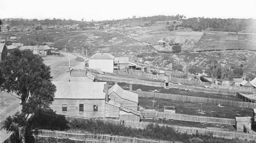 The original Granjoux vineyard can be seen in the right corner of this photo, with Beechworth Gorge in the centre. Source: State Library of NSW