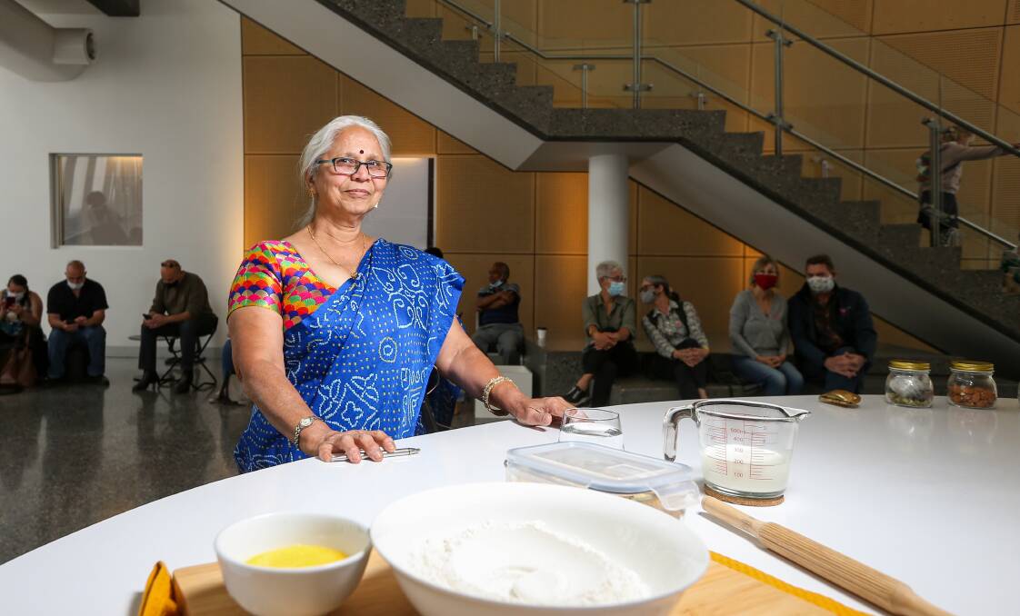 SPECIAL: Aruna Gandhi shared a recipe at the first of multiple cooking demonstrations at Murray Art Museum Albury. Picture: JAMES WILTSHIRE