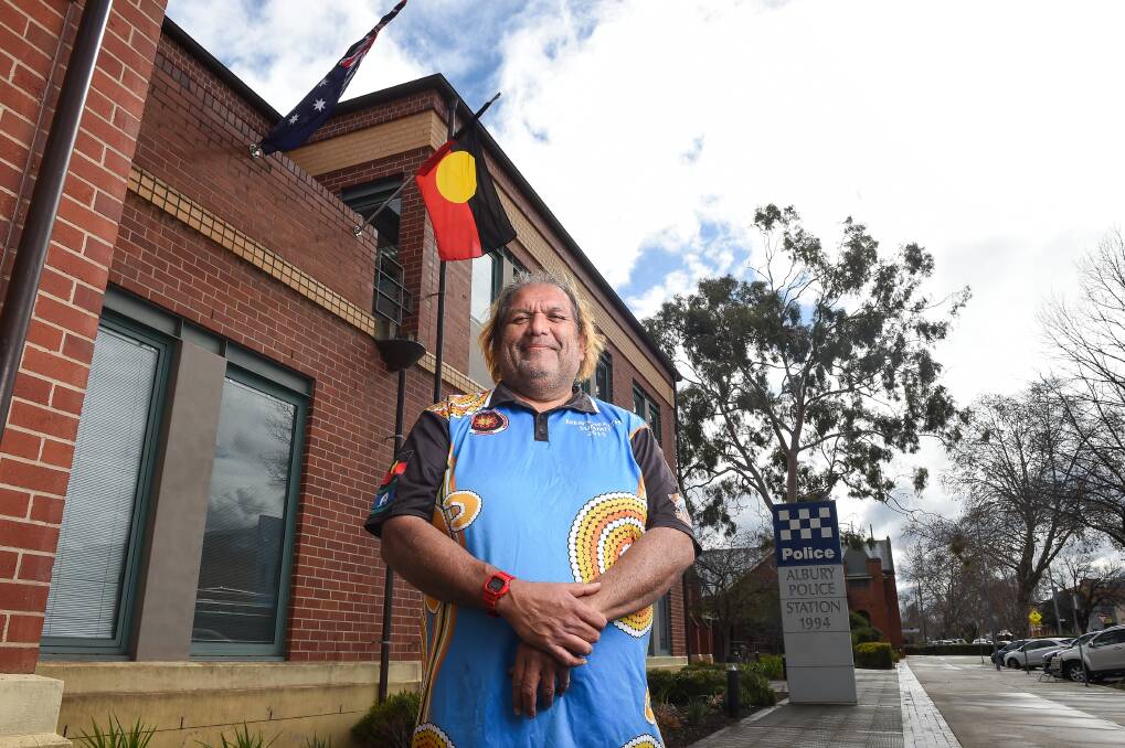 PROUD DAY: Aaron Perkins-Kemp-Berger, a member of the Albury Police Aboriginal Consultative Committee, says the flying of Indigenous flags at the police station for the first time is a significant step forward. Picture: MARK JESSER