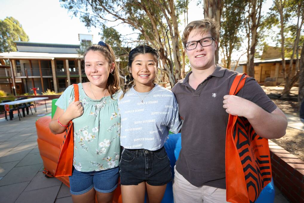 READY TO START: Teagan Mayo, Emily Ho and Oliver Jones were among the students taking part in orientation activities at Charles Sturt on Wednesday. Picture: JAMES WILTSHIRE