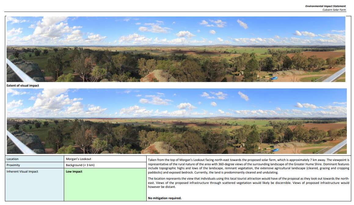 Photomontages of the view of Morgan's Lookout prepared for the Culcairn solar farm EIS.