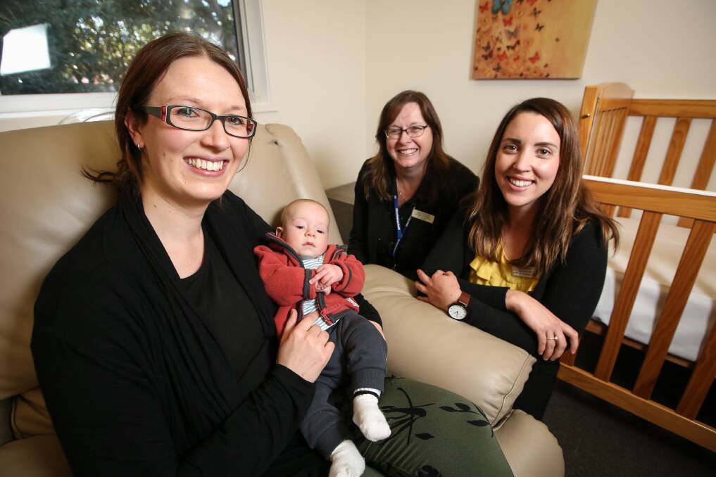 NETWORK: Tamara and Arlo Murphy with Debbie Stockton of the Parents and Babies Service, and nurse Lisa Pascoe. Picture: JAMES WILTSHIRE