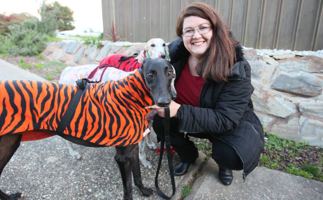 BEST FRIEND: Albury's Jacinta Ducat with her dogs Mikie, Dee Dee and Spencer, says greyhounds are among the best dogs you can have and encouraged Border residents to consider adopting the animals. Picture: ELLEN EBSARY