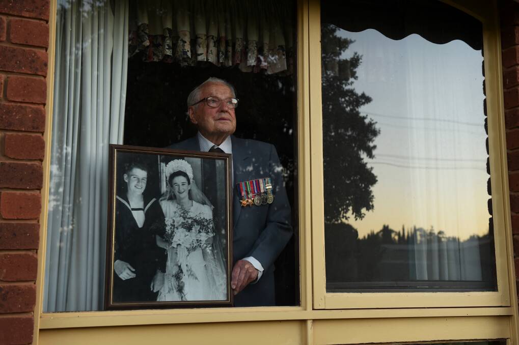 REFLECT: Corowa World War II veteran Albert Crosthwaite will observe Anzac Day this year in the home he shared with wife Monica for decades. Picture: MARK JESSER