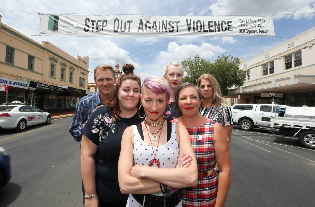 Danny Baxter, Mikayla Robinson, Claire Cerveny, Ellie Hanuska, Kelley Latta, and Taryn Russell of the Step Out Against Violence committee will march in Albury today and hope the community will join them. Picture: KYLIE ESLER