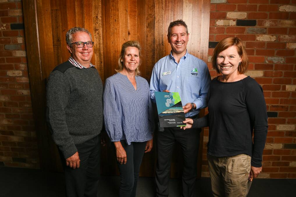 FORWARD: The recovery plan was launched by Towong mayor Andrew Whitehead, Jo Mackinnon of the Upper Murray CRC, Corryong Health boss Dominic Sandilands and Bushfire Recovery Victoria acting chief executive Carmel Flynn. Picture: BRV