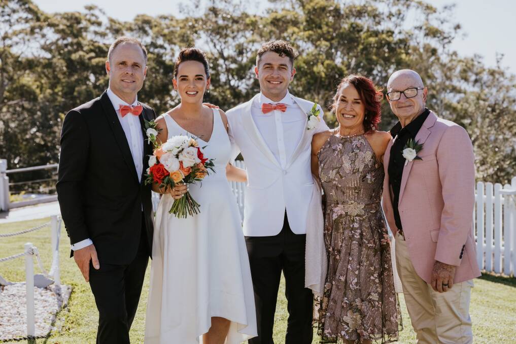 LOSS: Albury woman Glenda Presutti (right) is being remembered as a passionate nurse and athlete who inspired many. Her family - son Adam, daughter-in-law Heidi, son Sam and husband Peter gathered to celebrate Sam's wedding in 2020. Picture: SUPPLIED