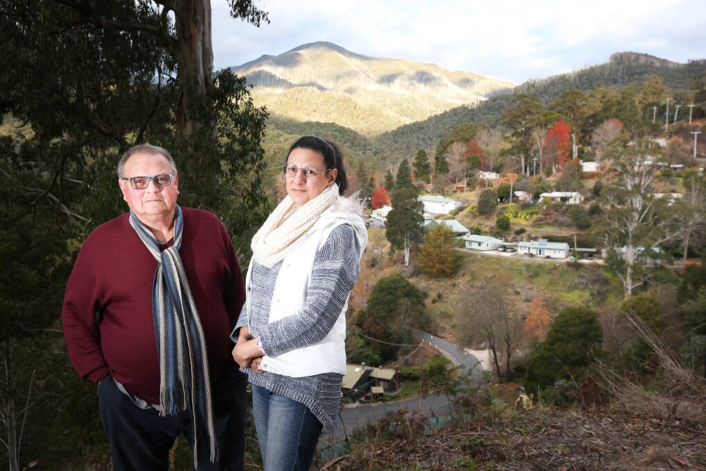 Yarrawonga's Sonia Peace and Peter Krien of Melbourne are among cabin owners at Bogong Village pushing back against AGL's campaign to acquire underleases. They feel the energy giant hasn't answered their questions about the village's future. Picture: KYLIE ESLER