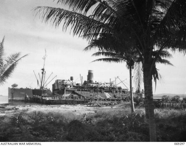 
An Australian War Memorial photo of the H.M.A.S. Westralia berthed at Morotai in 1945