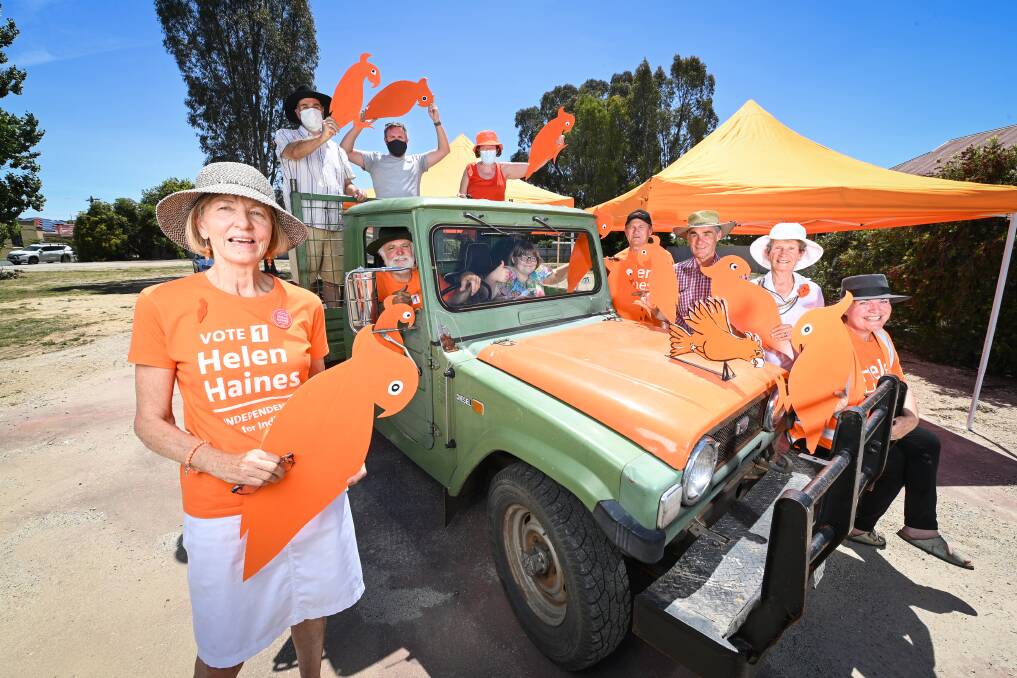 TURNING ORANGE: Polly Banfield and fellow volunteers at the vacant block facing the Water Tower roundabout in Wodonga, which is subject of a planning permit with Wodonga Council. Picture: MARK JESSER