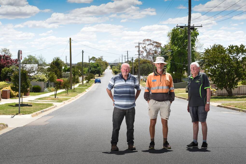 WRONG WAY: Barry Warren, Barry Miller, and Brian Warren live on Reid and Scott streets in Rutherglen, which heavy vehicles will take on a alternative route that diverts trucks from Main Street to rejoin the Murray Valley Highway. Picture: MARK JESSER