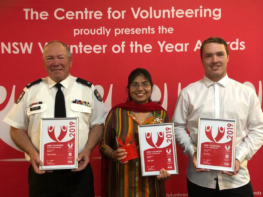 Riverina winners this year were Phillip Cooper, Senior Volunteer of the Year, from Glenellen, Dr Saba Nabi, overall Volunteer of the Year, from Kooringal, and Young Volunteer of the Year, Kai Watts (Wagga) at the ceremony. Picture: SUPPLIED