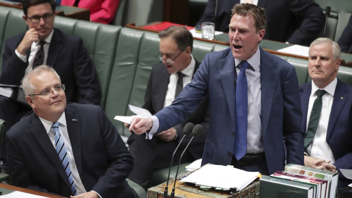 Prime Minister Scott Morrison and Attorney-General Christian Porter during Question Time on Tuesday. Picture: Alex Ellinghausen