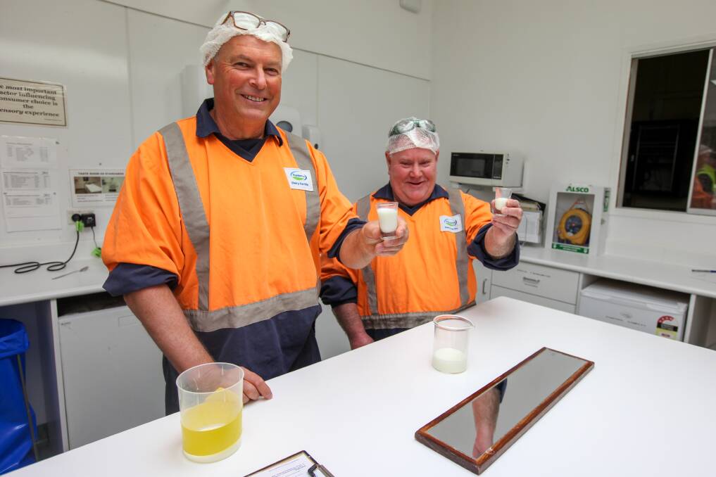 Quality assurance team members Darren O'Brien (left) and Kevin O'Keeffe check the taste of the products. Picture: Rob Gunstone