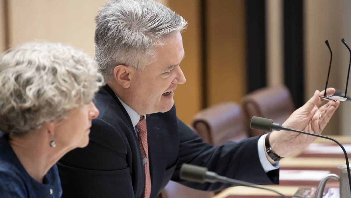 Finance Minister Mathias Cormann at Senate estimates on Monday with Department of the Prime Minister and Cabinet deputy secretary Stephanie Foster. Picture: Sitthixay Ditthavong