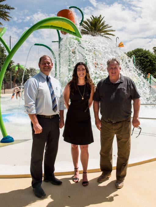 SPLASHDOWN: Tim McCurdy opened the revamped park with project co-ordinator Annalise Grinter and committee vice-chair Glenn Brear. Picture: SIMON BAYLISS
