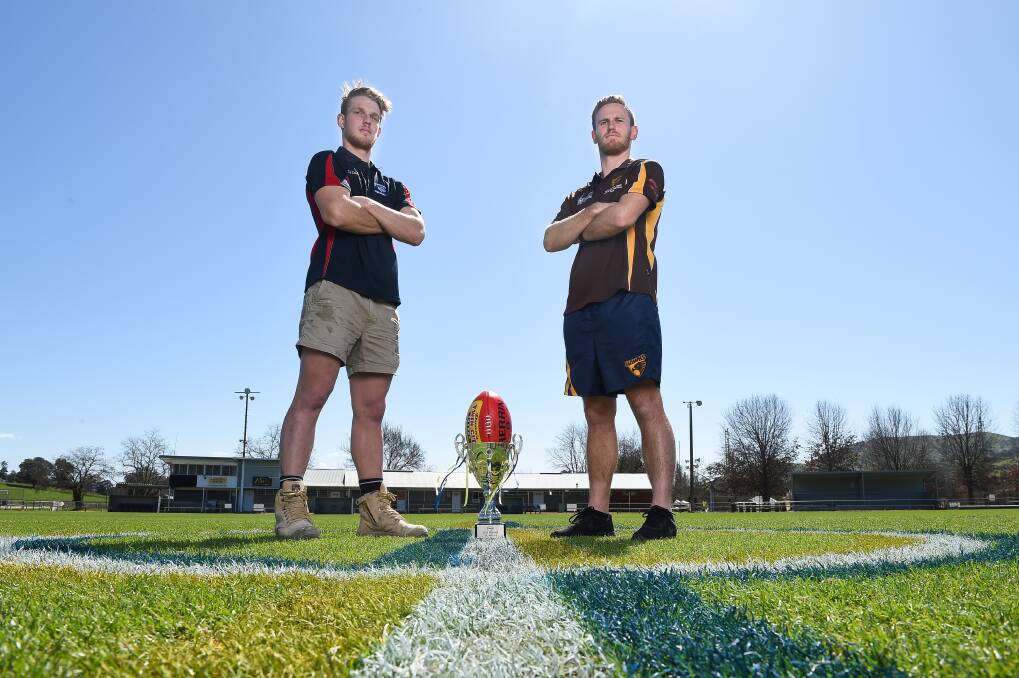 FACE-OFF: Thurgoona's Luke Gerecke and Kiewa-Sandy Creek's Jack Andrew with the premiership cup ahead of the Tallangatta League grand final on Saturday. Picture: MARK JESSER 