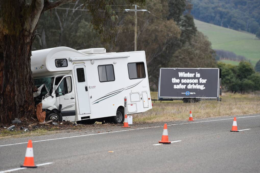 TRAGEDY: A 60-year-old woman died at the scene of a crash on the Great Alpine Road, near Eurobin, on Monday morning. Picture: MARK JESSER 