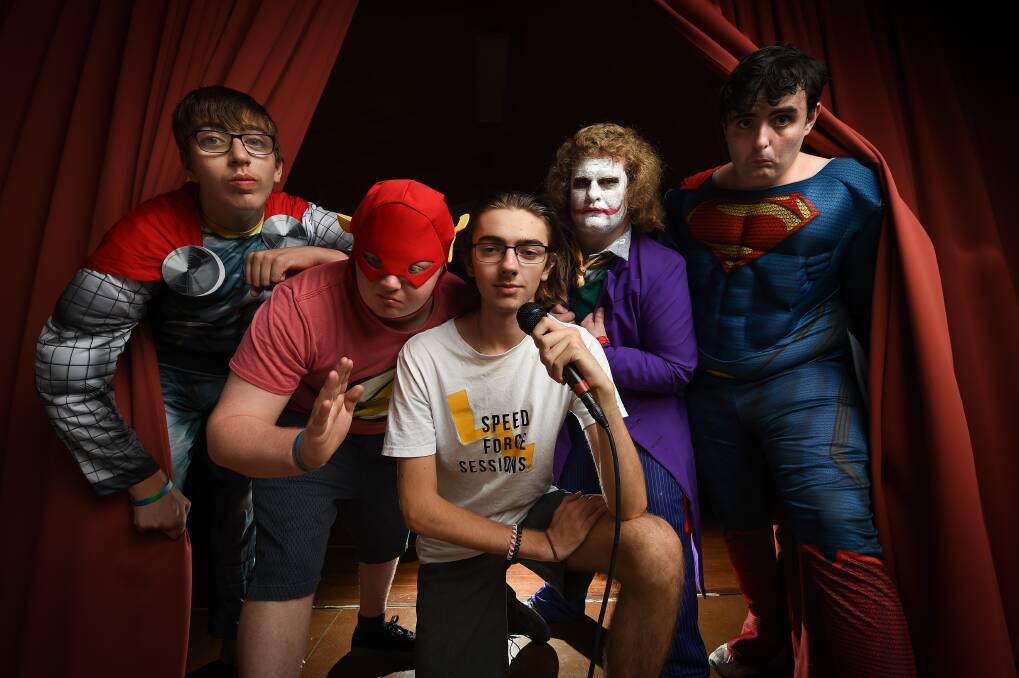 SUPERPOWERED:  Young actors Phillip Terranova 16, Dillon Watson, Tim Thompson, Darcy Liston, 17 and Scotty Russell will perform a show next weekend. Picture: MARK JESSER