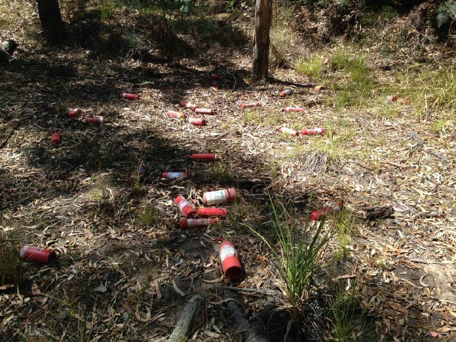 DISGRACEFUL: Almost 200 used fire extinguishers were found dumped in the Chiltern-Mt Pilot National Park recently. Picture: DELWP