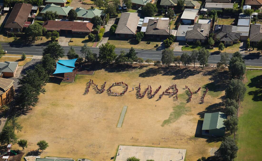 RISE ABOVE: Seen from up high, schools across Albury and Wodonga joined in to say 'No Way' to bullying. Pictures: JAMES WILTSHIRE