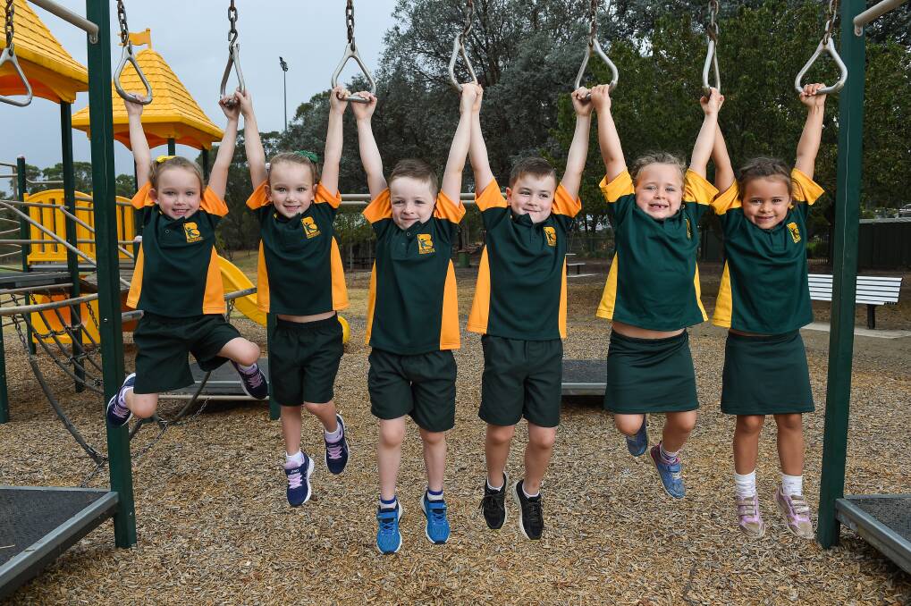 TRIPLE DOUBLE: Ellie and Ruby Parker, 5, Rhys and Josh Pantling, 5 and Bridie and Anna Hawkins, 5, are all in the same class at Baranduda Primary this year. Picture: MARK JESSER