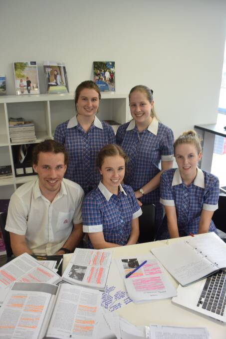 HIT THE BOOKS: Trinity Anglican College students Connor Lindegreen, 18, Claire Coyle, 17, Pippa Russell, 18, Monique Conibear, 18, Pia Pille, 18, are ready for their HSC exams.