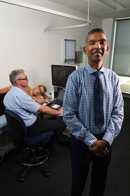 SUPER SCAN: X-Ray Group's Ian Crockett, patient Ty Seaton and cardiologist Dr Kugan Nadarasa demonstrate the new GLS technology. Picture: MARK JESSER