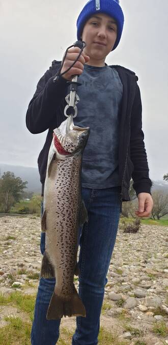PERSONAL BEST: Young Josh Larkin caught this magnificent-looking 60cm brown trout while fishing on the Kiewa River recently. Picture: Supplied