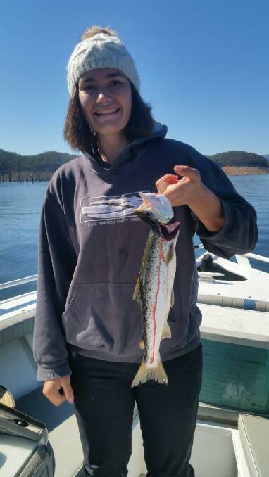 RIPPER: Amanda Ciantar with her first-ever trout, caught at Dartmouth on a lead line with a Tassie Devil behind attractors. It was 42cm and was the only bite for the day.