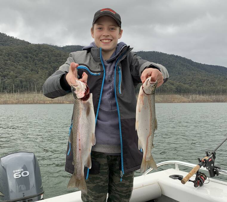 SUPERB: Baxter Bright caught two nice rainbows at Dartmouth a couple of weeks back. Both were caught trolling on the surface with a small pink Tassie Devil.